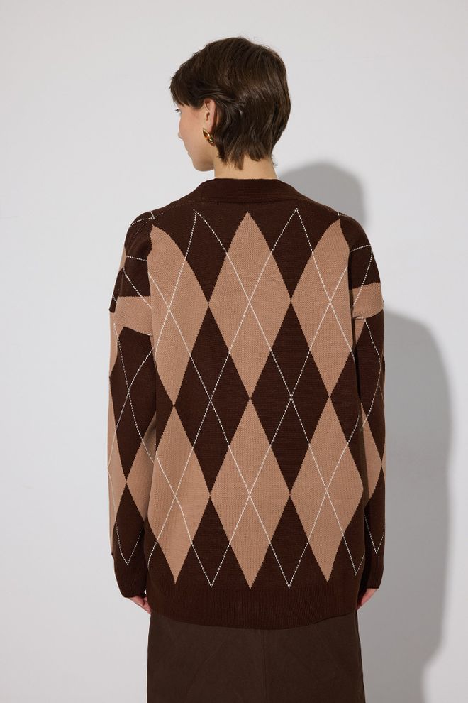 Touche Prive Brown Argyle Oversized V Neck Cardigan Wholesale Clothing Lounge