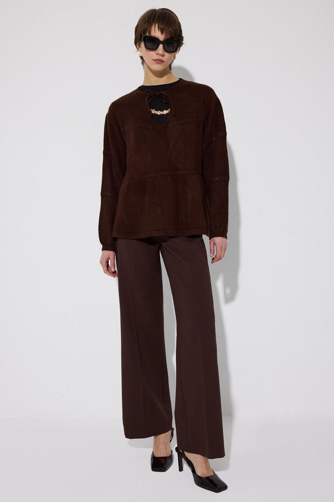 Touche Prive Brown Oversized Fit Sweater With Keyhole Neck Wholesale Clothing 1