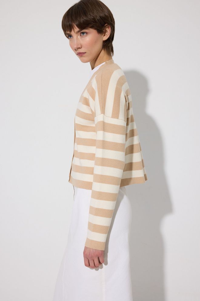 Touche Prive Beige Striped Casual Cardigan Wholesale Clothing Spring