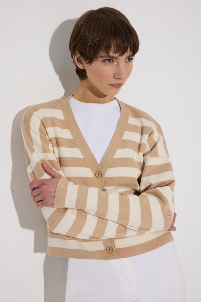 Touche Prive Beige Striped Casual Cardigan Wholesale Clothing Casual
