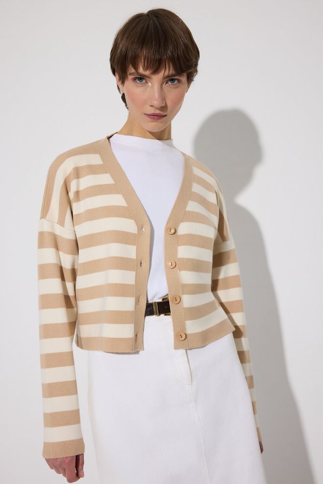 Touche Prive Beige Striped Casual Cardigan Wholesale Clothing Lounge