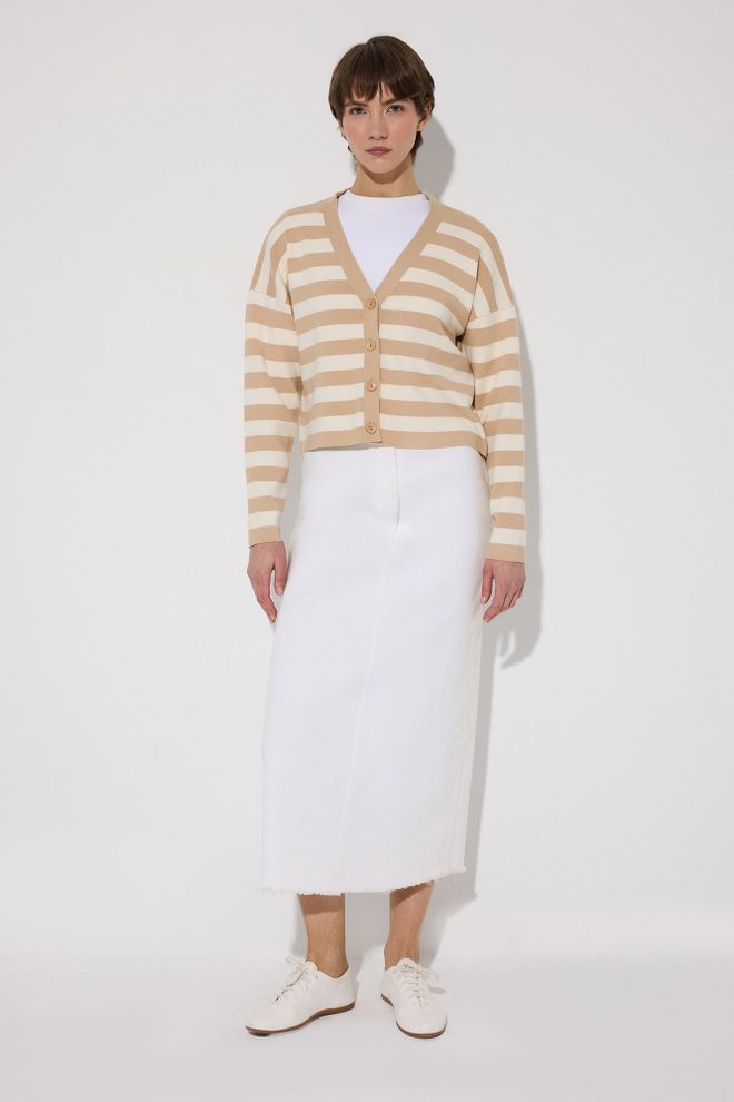 Touche Prive Beige Striped Casual Cardigan Wholesale Clothing 1