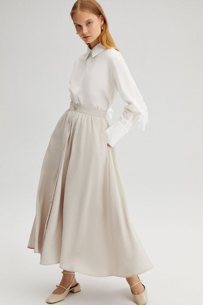 Touche Prive Beige Elegant Flared Maxi Skirt With High Waist Wholesale Clothing Modest