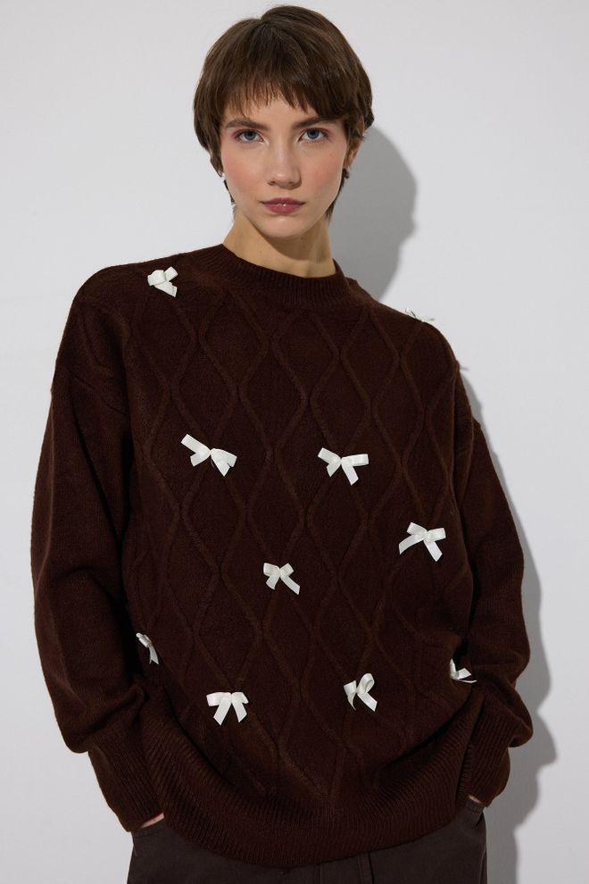 Touche Prive Brown Plaid Oversized Fit Crew Neck Sweater Wholesale Clothing Lounge