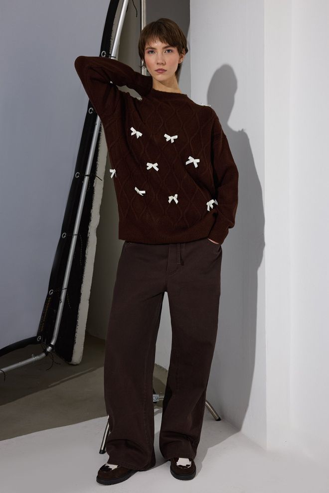 Touche Prive Camisola Castanha Xadrez Oversized Com Decote Crew Roupas por atacado Casual