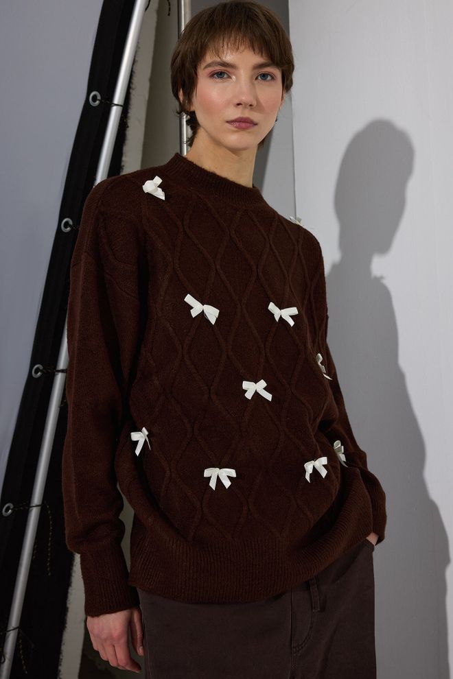 Touche Prive Brown Plaid Oversized Fit Crew Neck Sweater Wholesale Clothing Vintage