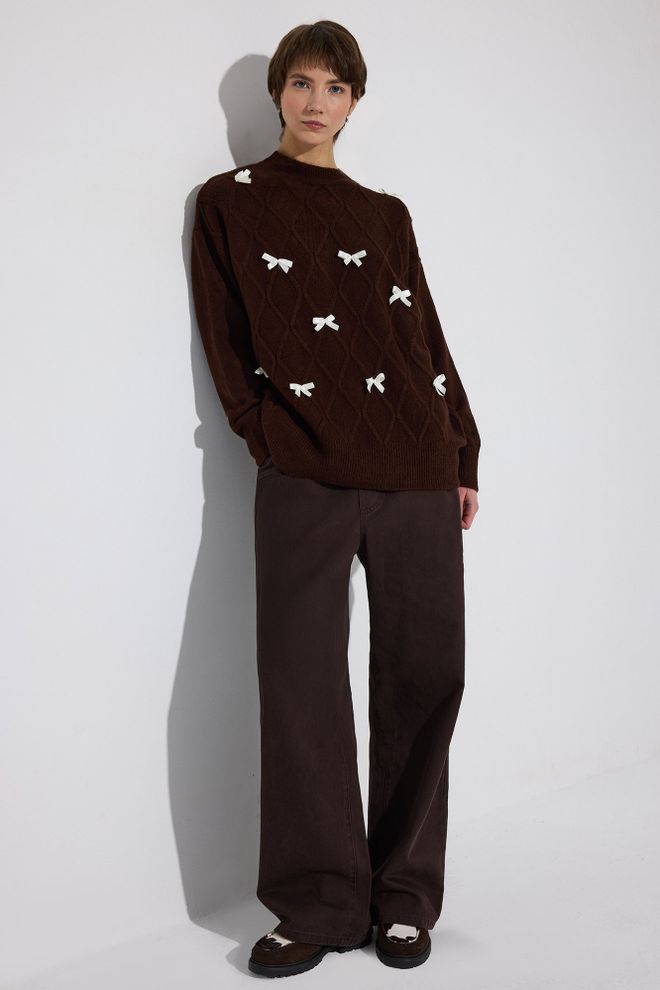 Touche Prive Brown Plaid Oversized Fit Crew Neck Sweater Wholesale Clothing 1