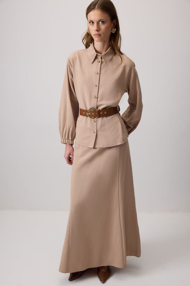 Touche Prive Conjunto Elegante Beige Con Cuello Entallado Y Falda Maxi Ropa al por mayor Modesto