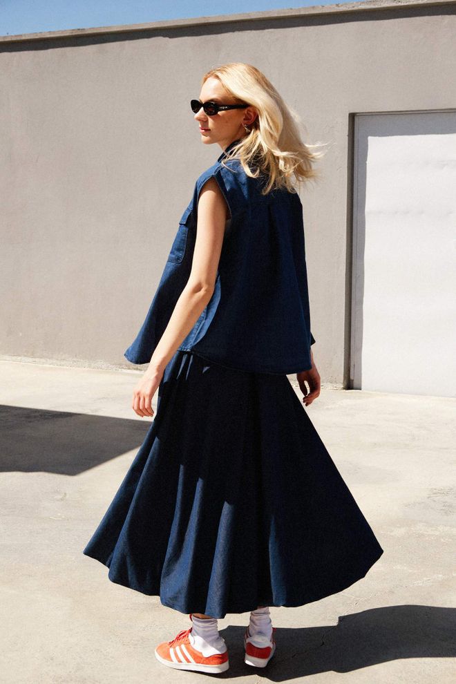 Touche Prive Mėlynas Maxi Išplatėjęs Sijonas Su Aukštu Liemeniu Didmeninė prekyba drabužiais Kokteilinė