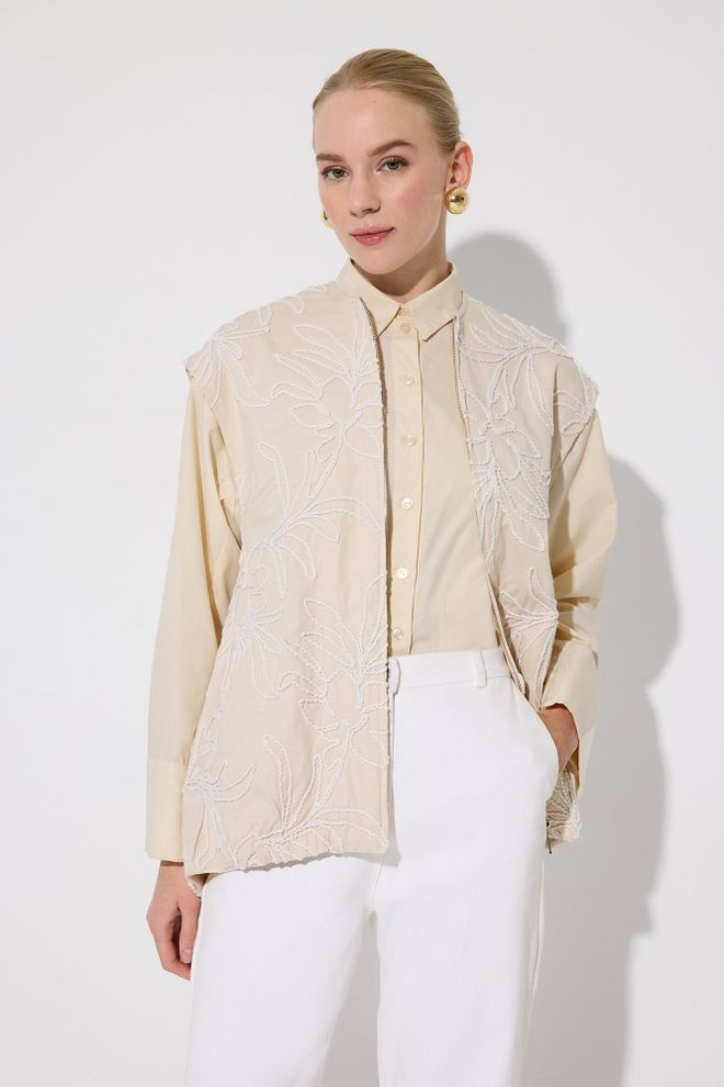 Touche Prive Colete Bege Floral Com Zíper E Bolsos Retos Roupas por atacado Casual