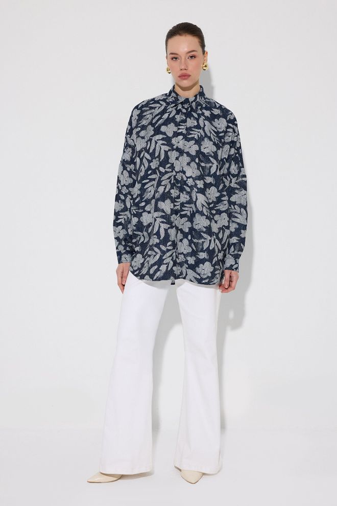 Touche Prive Camisa Azul Marinho Floral Tamanho Grande Gola De Avô Roupas por atacado Casual