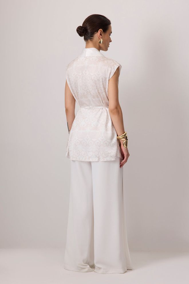 Touche Prive Balta Eleganti Vintažinė Floristinė Liemenė Su Kaklaraiščiu Didmeninė prekyba drabužiais Apykaklė su įkirpimu