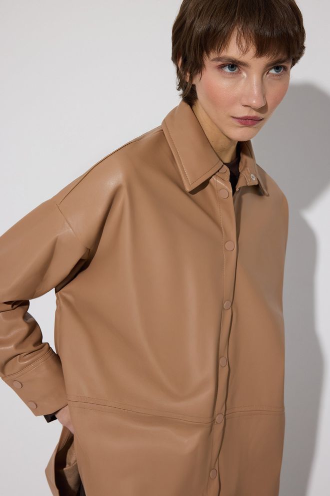 Touche Prive Khaki Oversized Casual Shirt With Notched Neck Wholesale Clothing Spring