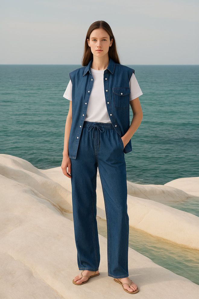 Touche Prive Blue Palazzo Pants With Drawstring And Slant Pockets Wholesale Clothing Casual