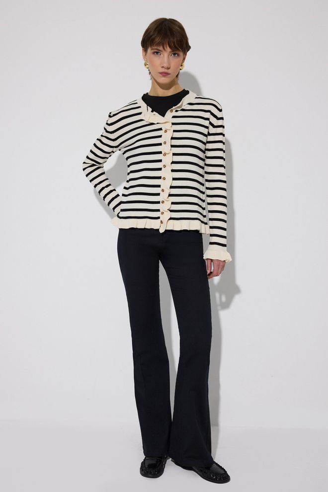 Touche Prive Black Striped Buttoned Cardigan With Ruffle Sleeves Wholesale Clothing 1
