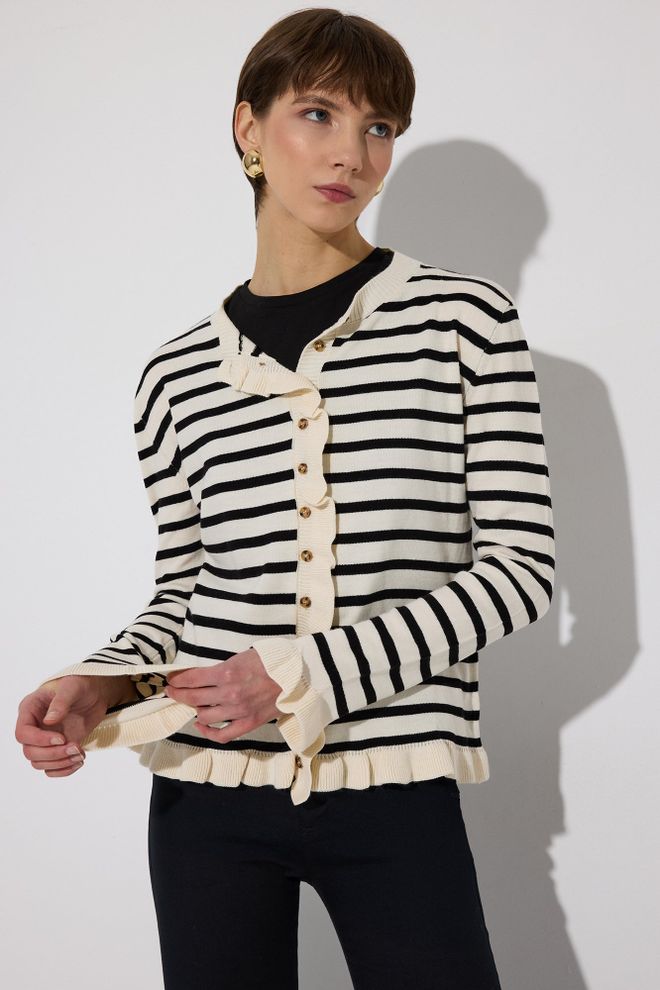 Touche Prive Црни Пругасти Кардиган Са Dugmiћима И Рукавима Са Наборима Велепродаја одеће Неформалан