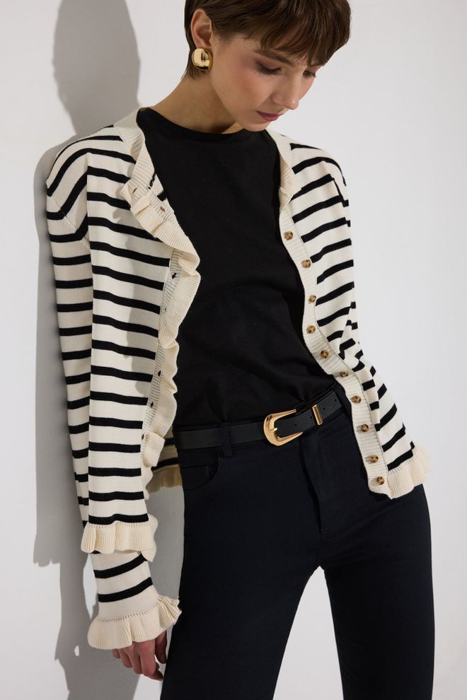 Touche Prive Black Striped Buttoned Cardigan With Ruffle Sleeves Wholesale Clothing Spring