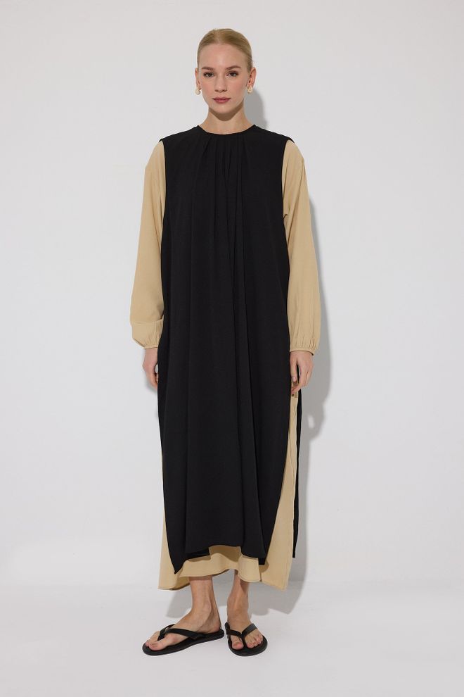 Touche Prive Juoda Eleganti Kukli Maxi Shift Suknelė Didmeninė prekyba drabužiais Apykaklė su įkirpimu