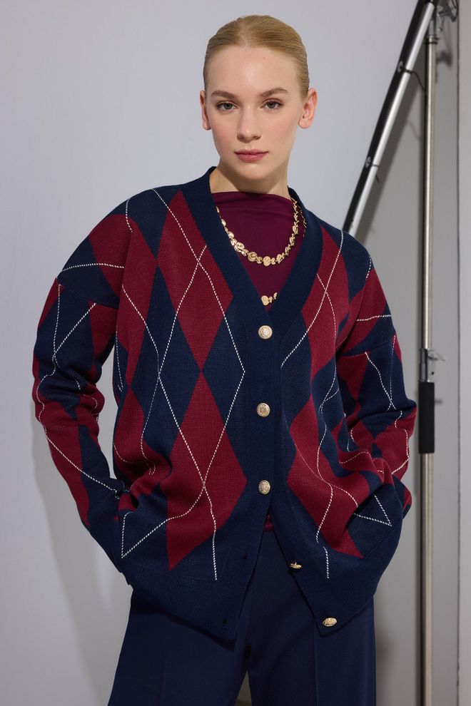 Touche Prive Marineblauw Vest Oversized Argyle V hals Trui Groothandel Kleding Casual