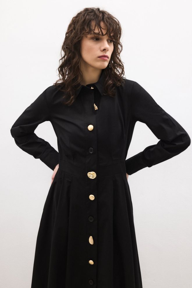 Touche Prive Rochie Cămașă Neagră Elegantă Formală Midi Cu Guler Polo Și Mâneci Drepte Lungi Îmbrăcăminte cu ridicata Formal