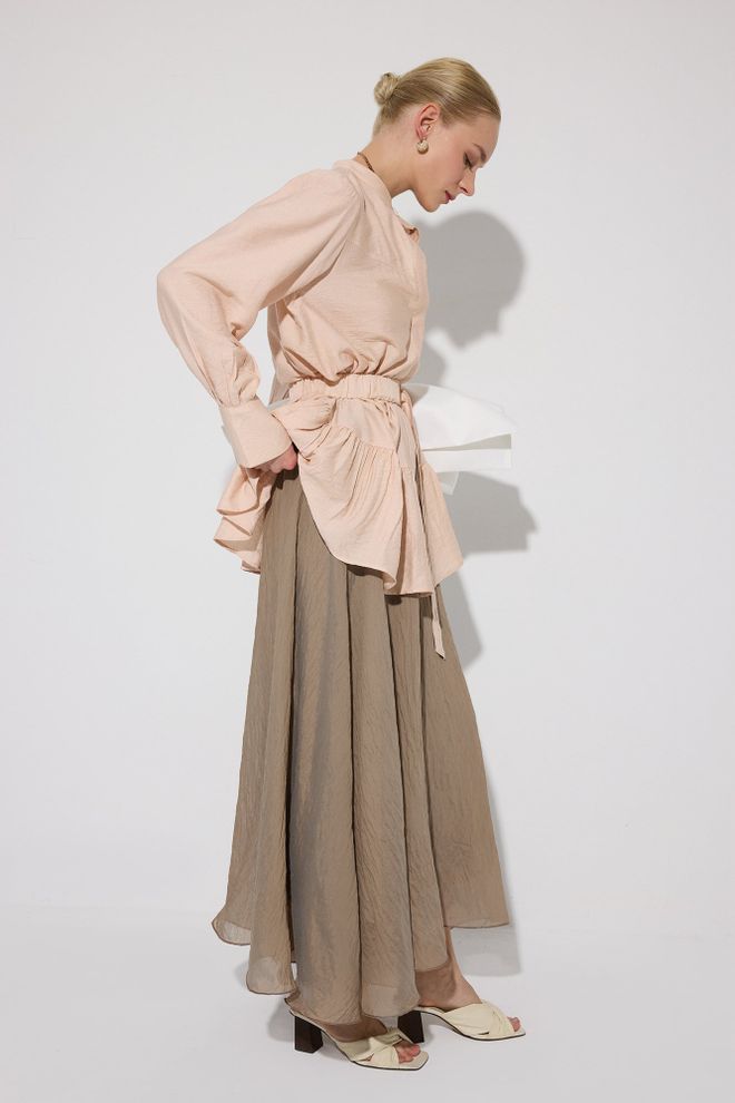 Touche Prive Beige Casual Elegante Shirt Met Opa Hals Groothandel Kleding 1