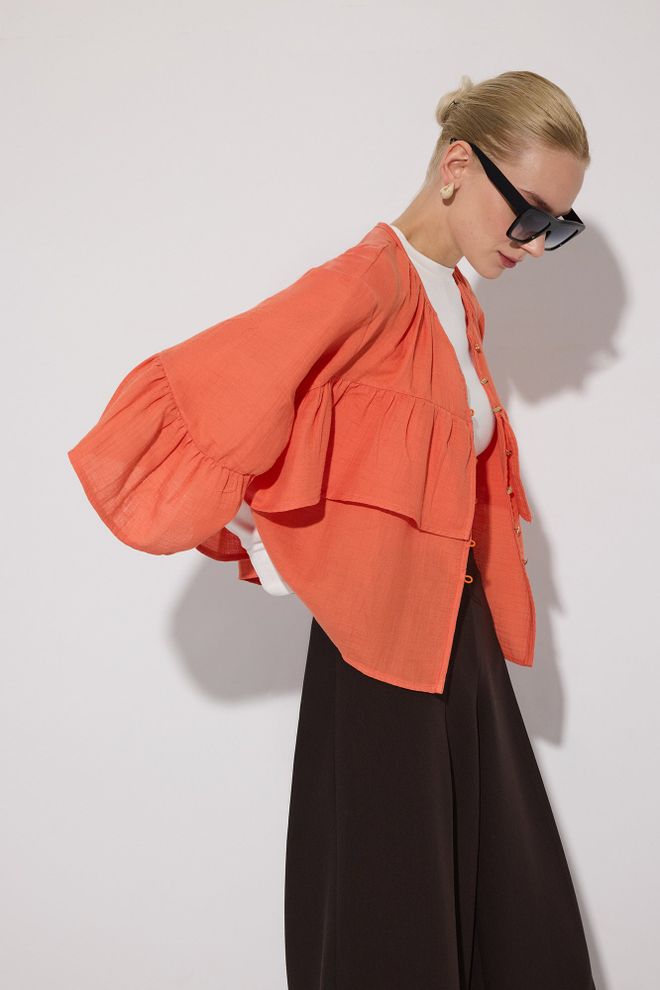 Touche Prive Orange Elegant Oversized Shirt With Ruffle Sleeves Wholesale Clothing Beach