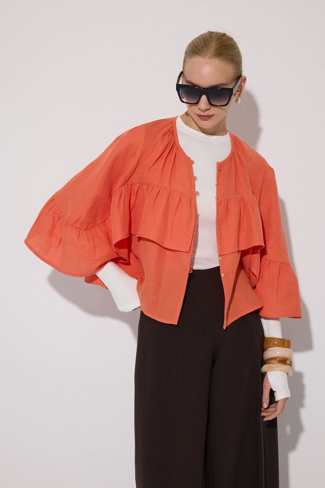 Touche Prive Orange Elegant Oversized Shirt With Ruffle Sleeves Wholesale Clothing Spring