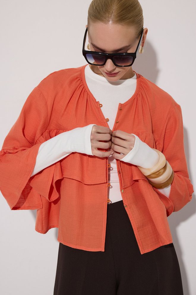 Touche Prive Orange Elegant Oversized Shirt With Ruffle Sleeves Wholesale Clothing 1