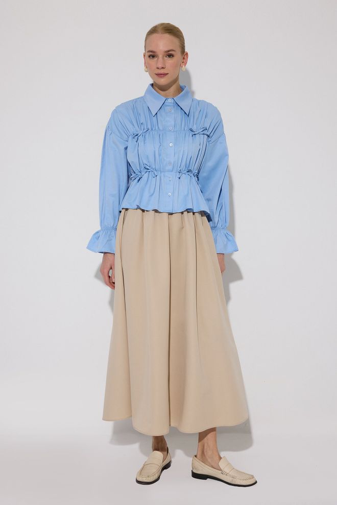 Touche Prive Camicia Blu Elegante Con Maniche Con Volant Abbigliamento all'ingrosso Modesto