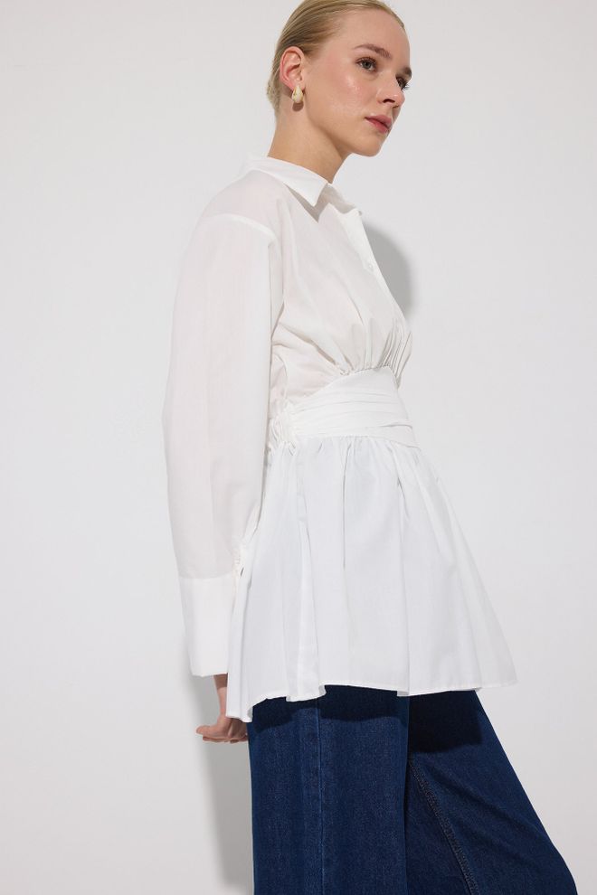 Touche Prive Beyaz Şal Yakalı Ve Uzun Kollu Tunik Toptan Giyim Gündelik