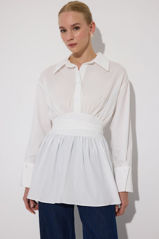 Touche Prive Beyaz Şal Yakalı Ve Uzun Kollu Tunik Toptan Giyim Resmi