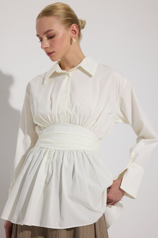 Touche Prive Beyaz Zarif Çentikli Yakalı Düğmeli Tunik Toptan Giyim Ev Hali