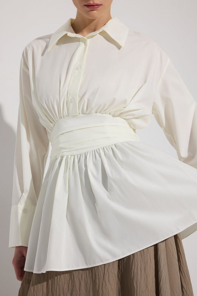 Touche Prive Beyaz Zarif Çentikli Yakalı Düğmeli Tunik Toptan Giyim 5