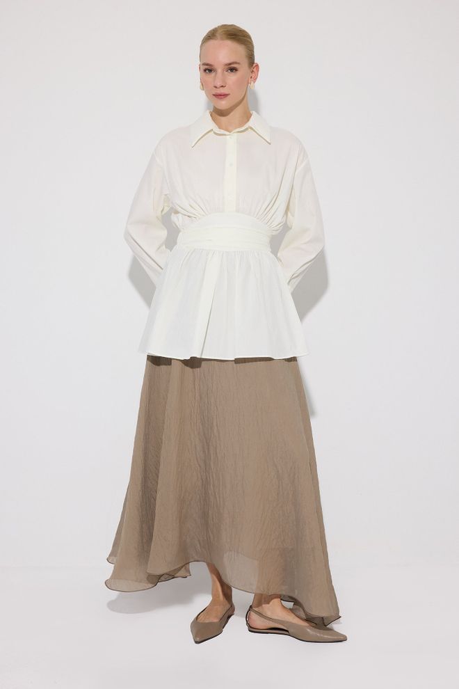 Touche Prive Beyaz Zarif Çentikli Yakalı Düğmeli Tunik Toptan Giyim Tesettür