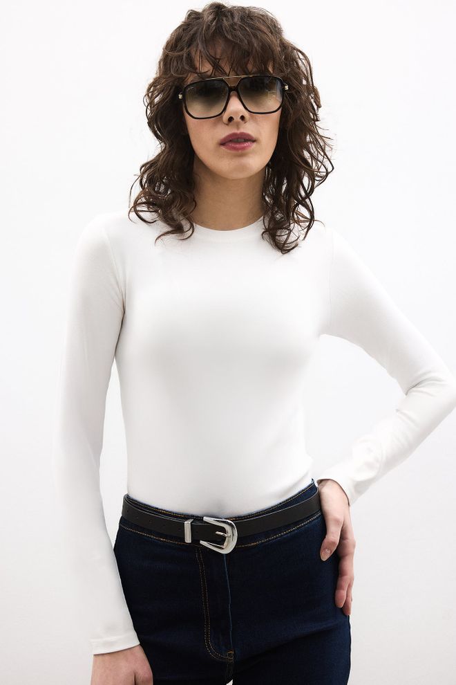 Touche Prive Blusa Blanco Slim Fit Manga Larga Cuello Redondo Ropa al por mayor Casual