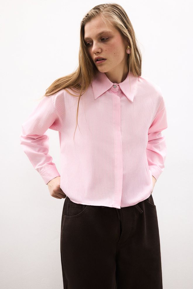 Touche Prive Pink Striped Oversized Fit Shirt Îmbrăcăminte cu ridicata Casual