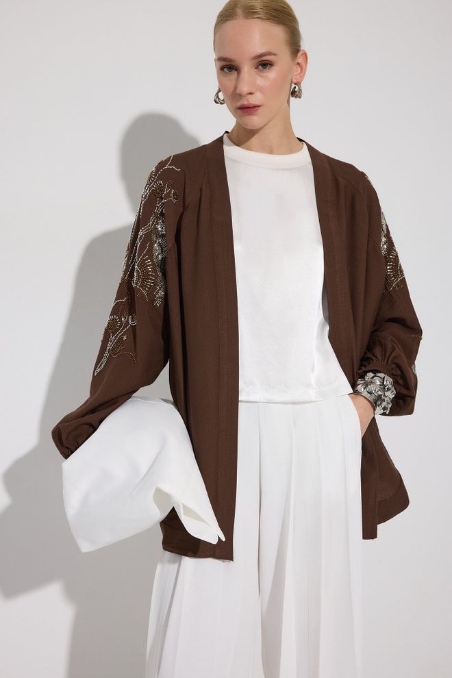 Touche Prive Brown Ethnic Kimono With Floral Pattern Wholesale Clothing 5