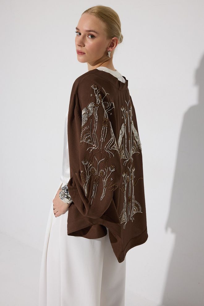 Touche Prive Brown Ethnic Kimono With Floral Pattern Wholesale Clothing Work