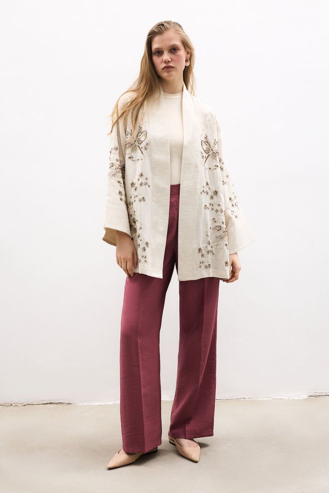 Touche Prive كيمونو اللون البيج أنيق مقاس كبير جبهة مفتوحة ملابس بالجملة غير رسمي