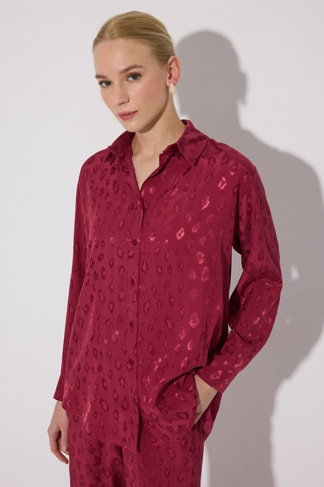 Touche Prive Claret Red Shirt With Animal Print And Polo Neck Wholesale Clothing Work