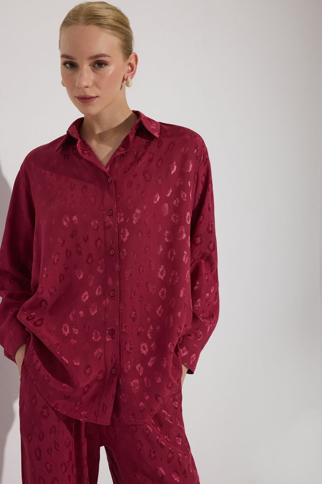 Touche Prive Claret Red Shirt With Animal Print And Polo Neck Wholesale Clothing Spring