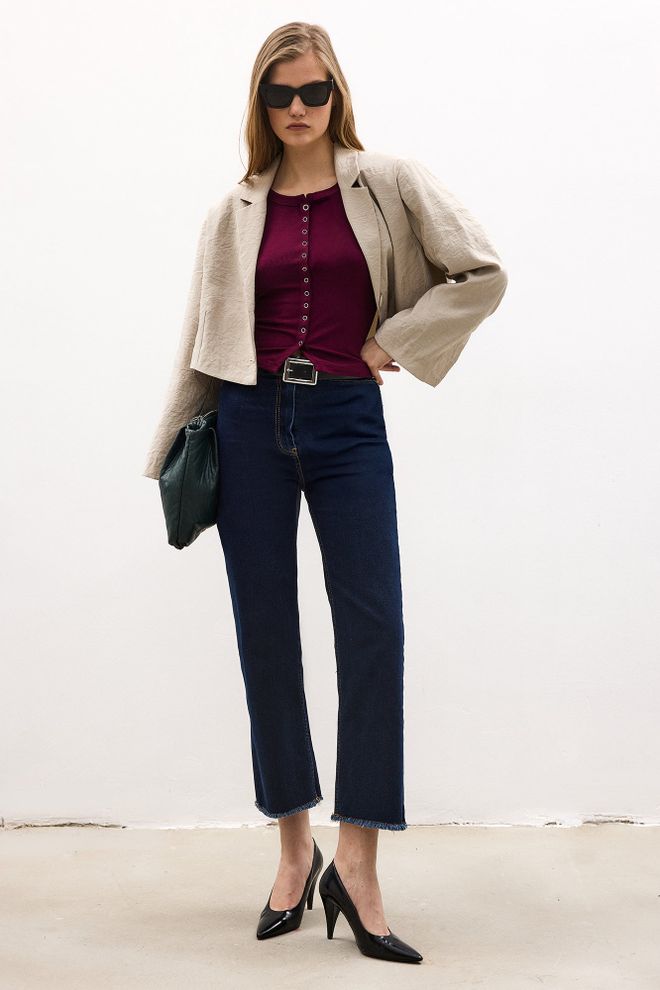 Touche Prive Blusa Rojo Clarete Elegante Ajuste Slim Con Manga Larga Recta Ropa al por mayor Casual