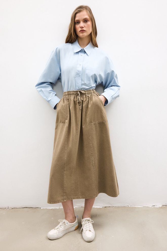 Touche Prive Хаки Повседневная Скромная Расклешенная Миди Юбка С Карманами Оптовая продажа одежды Скромный