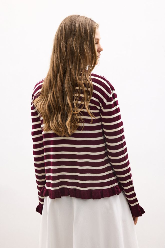 Touche Prive Claret Red Striped Casual Cardigan Wholesale Clothing Spring