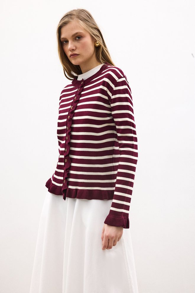 Touche Prive Claret Red Striped Casual Cardigan Wholesale Clothing 1