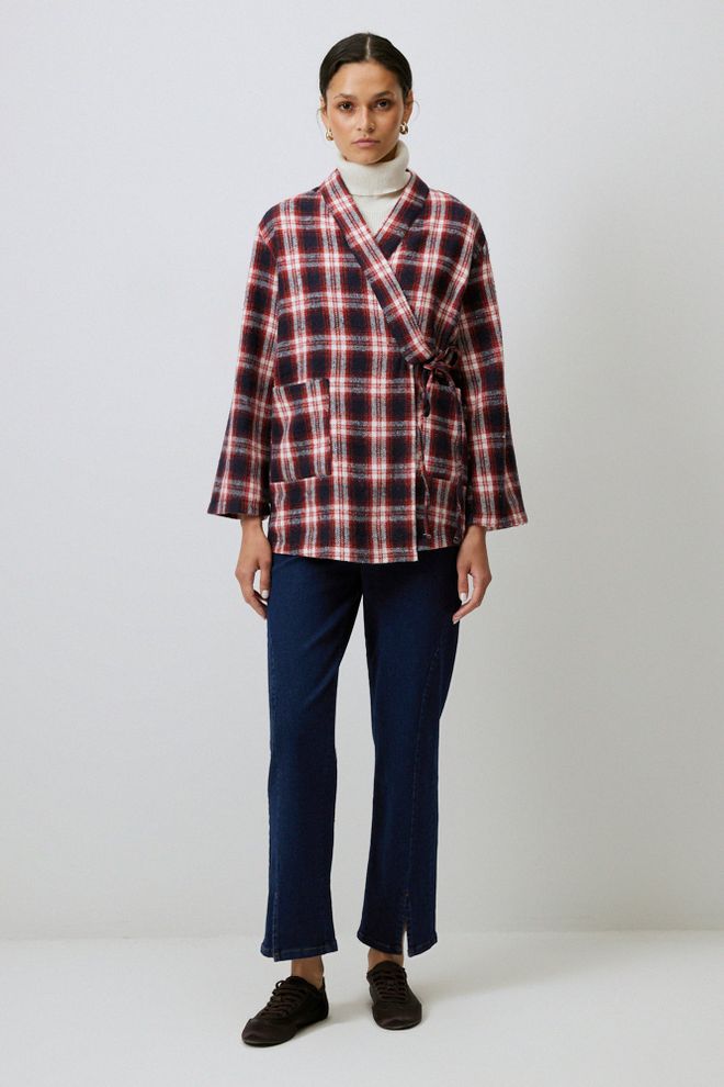 Touche Prive Темно синий Повседневный Клетчатый Кимоно С Шалевым Воротником Оптовая продажа одежды Повседневный