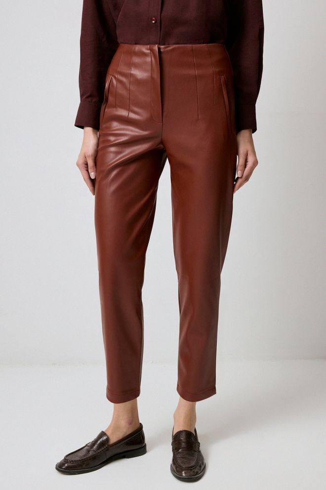 Touche Prive Brown High Waist Tapered Cropped Pants Wholesale Clothing Work