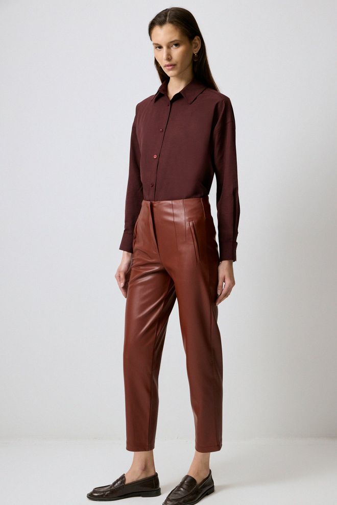 Touche Prive Brown High Waist Tapered Cropped Pants Wholesale Clothing 1