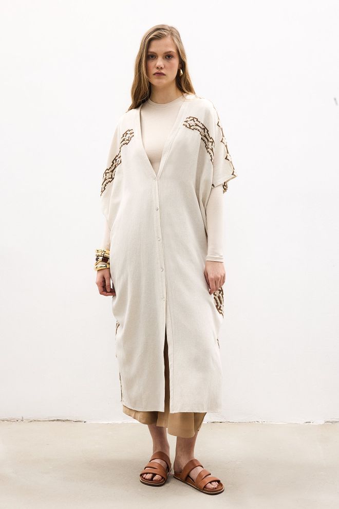 Touche Prive Beige Boho Buttoned V Neck Oversized Tunic Wholesale Clothing Modest