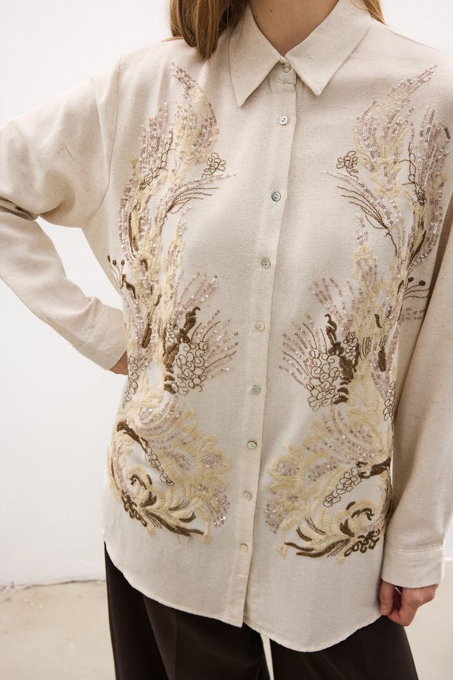 Touche Prive Beige Casual Oversized Floral Shirt Wholesale Clothing Casual